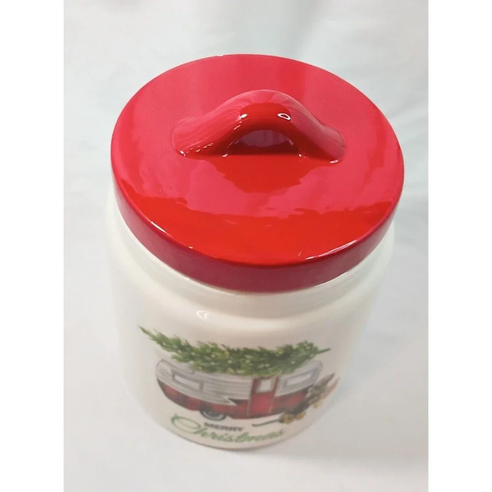 Merry Christmas Cookie Jar/Canister With Red And White Camper And Dog